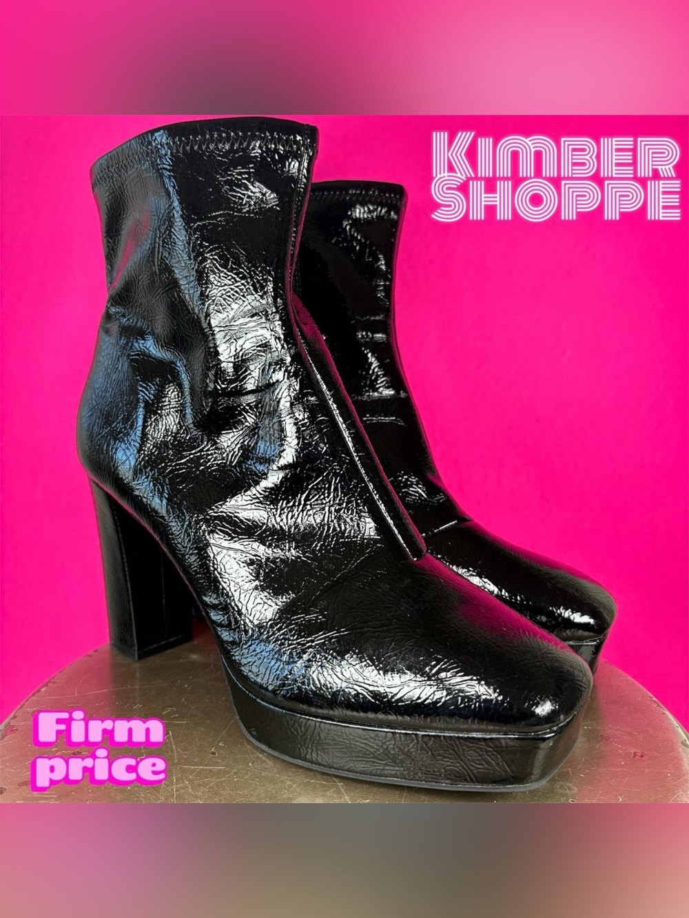 Impo Stretch Ovaida Black Patent Platform Chunky Heel Ankle Boot US 11 UK 9